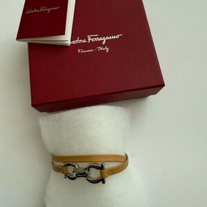 Salvatore Ferragamo Mustard Leather Bracelet with Silver Gancini Accents in box